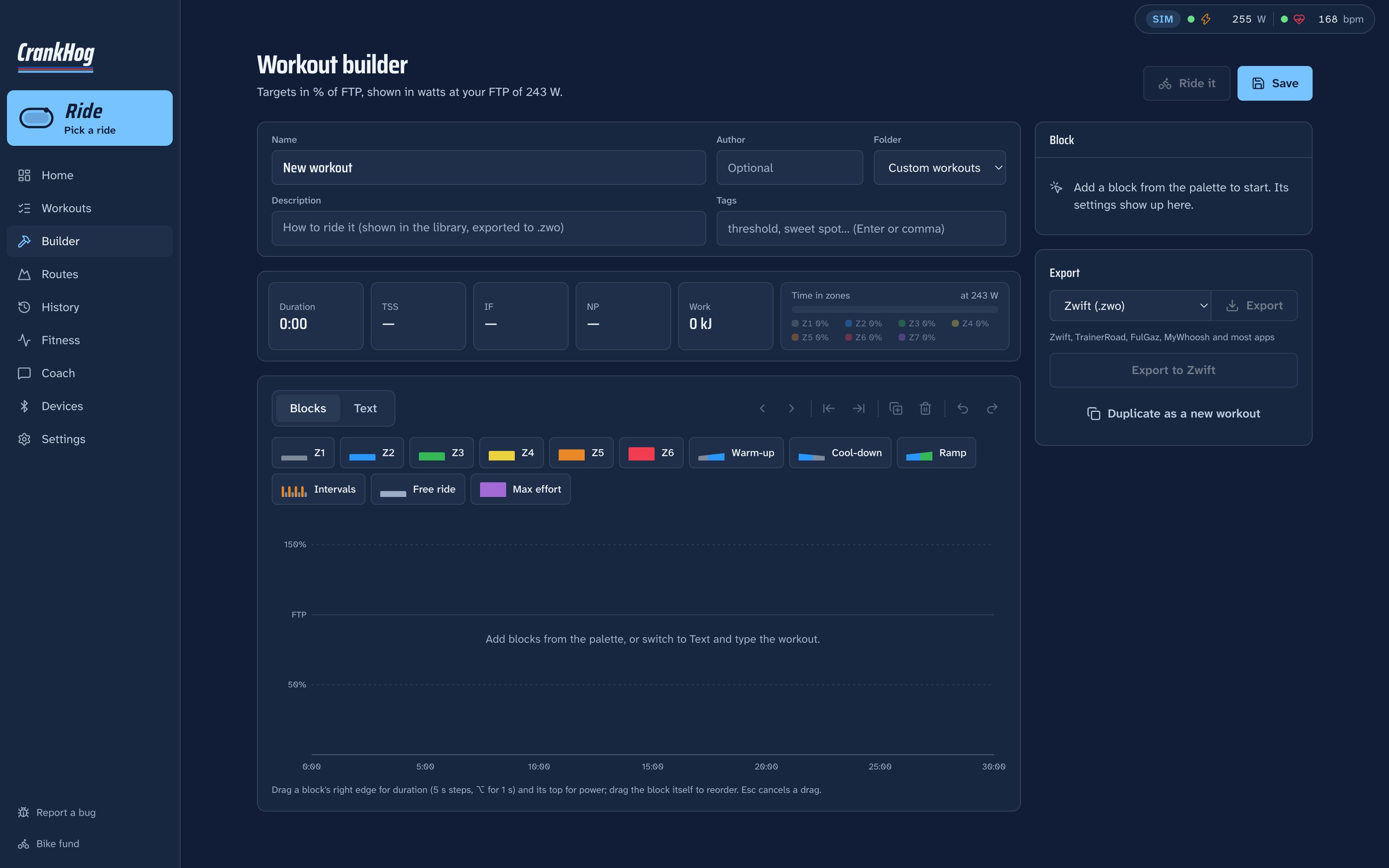 The builder: name, author and folder, live TSS, IF and zones, blocks you drag and resize, and export to Zwift