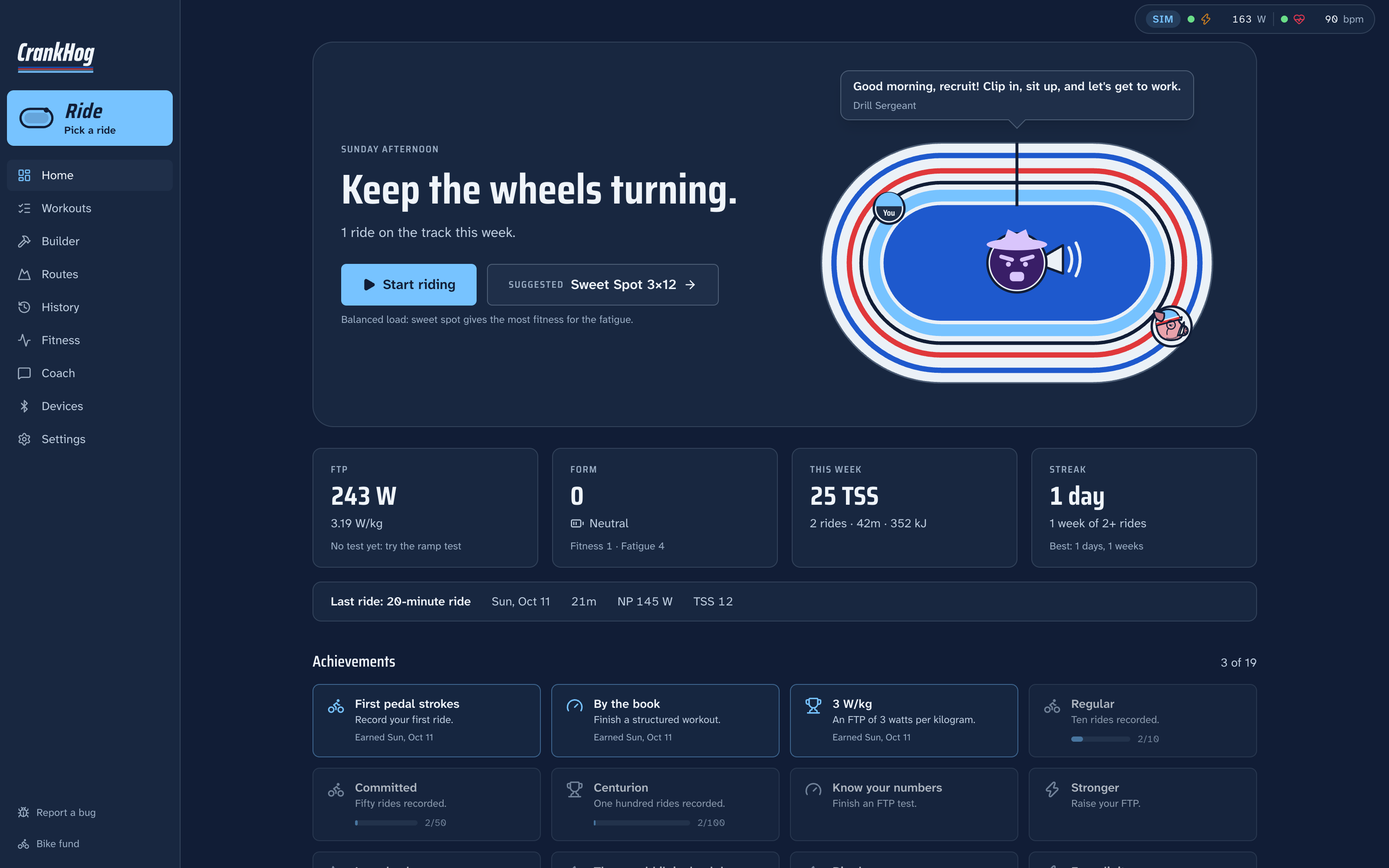 CrankHog Home: a velodrome seen from above with this week's rides lapping it, and a coach shouting from the infield through a megaphone