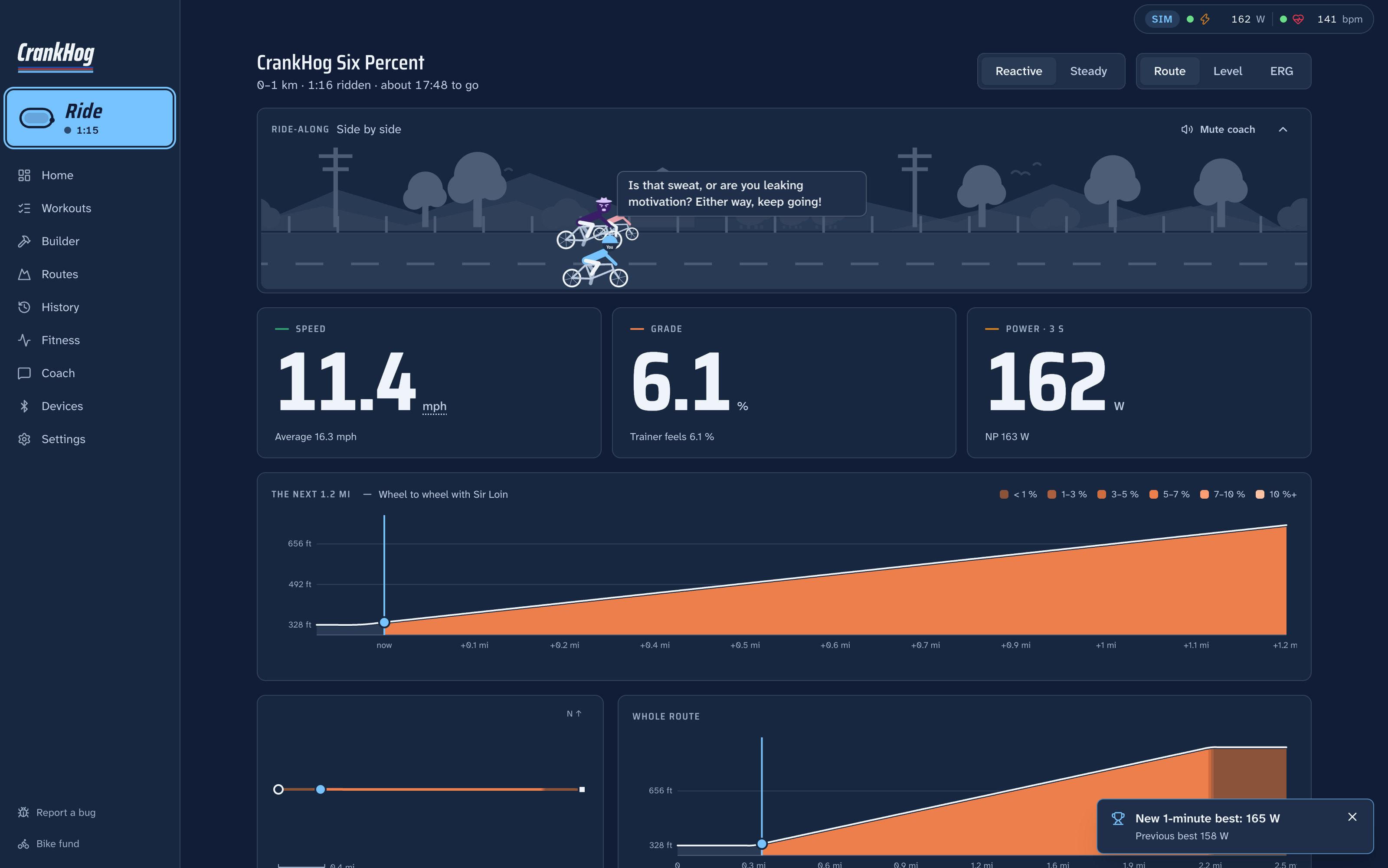 A route ride on a 6 % climb: speed, grade and power, the ride-along, and the next two kilometres of elevation