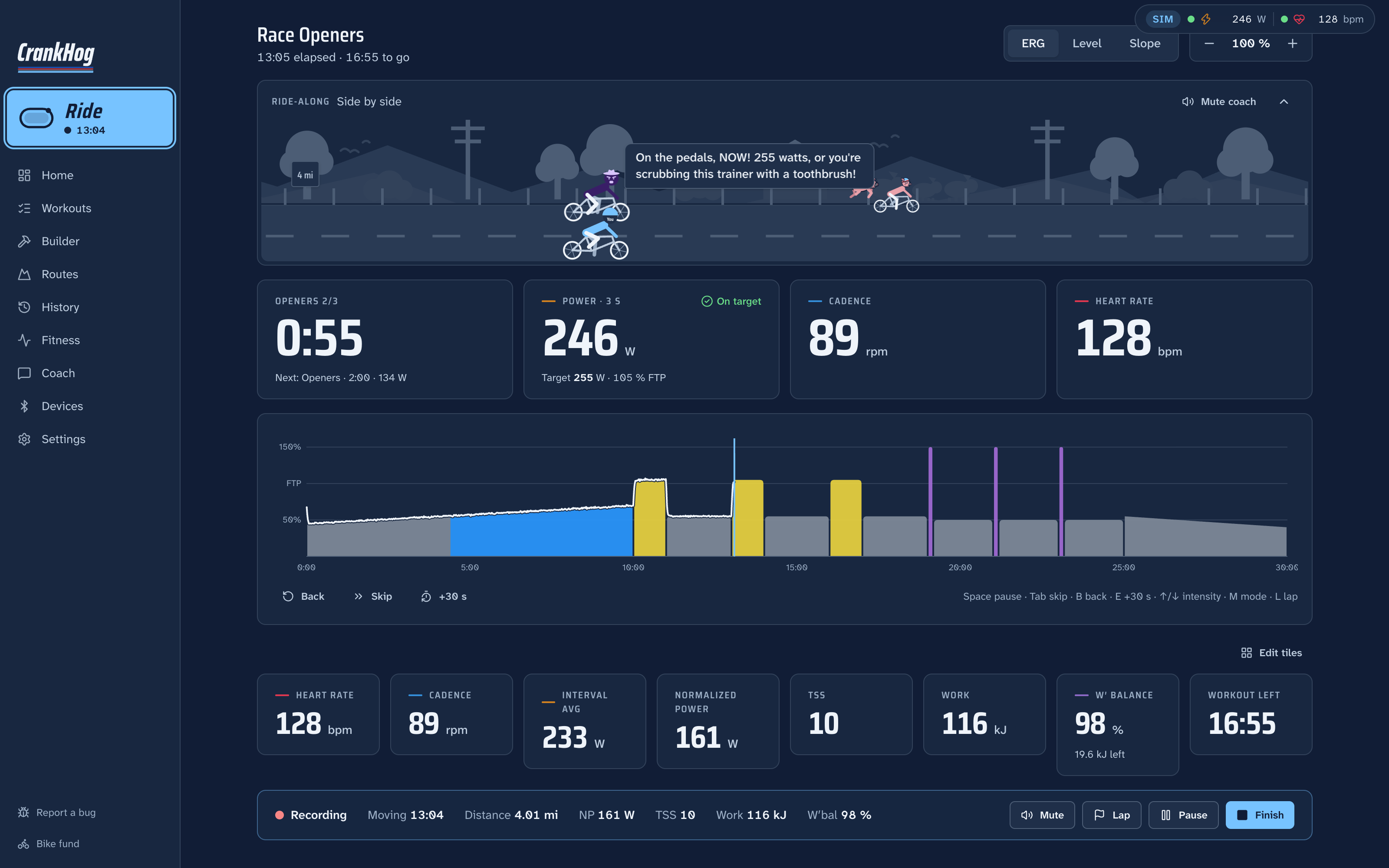 A workout mid-ride: the coach on the ride-along, the interval, target and power numbers, and the workout chart filling in